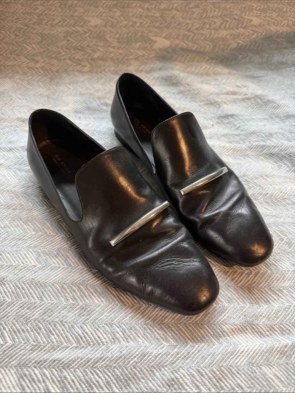Via Spiga Black Leather Slip-On Loafers with Silver Bar